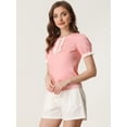 thumbnail image 3 of Allegra K Camiseta de manga corta con volantes de algodón para mujer Blusa informal con media tapeta y encaje con volantes Rosa S, 3 of 5