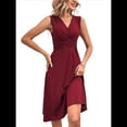 thumbnail image 2 of Vestido de Verano para Mujer, Cruzado, con Escote en V, Sin Mangas, Acampanado, Color Rojo Vino, Talla L, 2 of 8