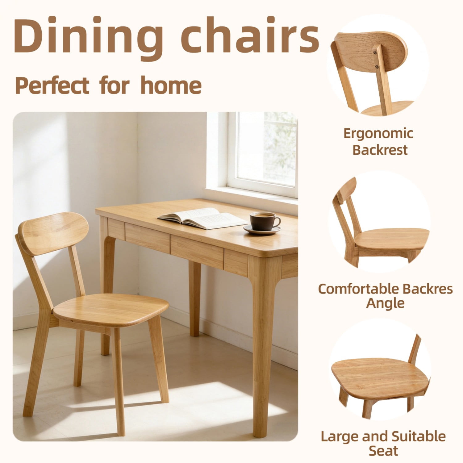 100% Natural Solid Wood Dining Chairs Set of 2 Mid Century Modern Kitchen Chairs with Curved Backrest Adjustable Foot Pads Walnut Dining Room Living Room Study Chairs, Natural