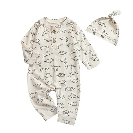 

hirigin Baby’s Cartoon Dinosaur Printing Long Sleeve Jumpsuit with Hat