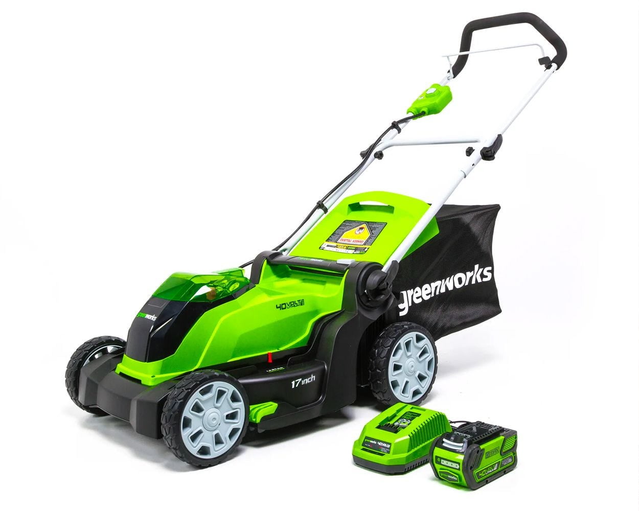 Photo 1 of *MISSING battery* 
Greenworks 40V 17-inch Cordless Lawn Mower, 4Ah Battery and Charger, MO40B411