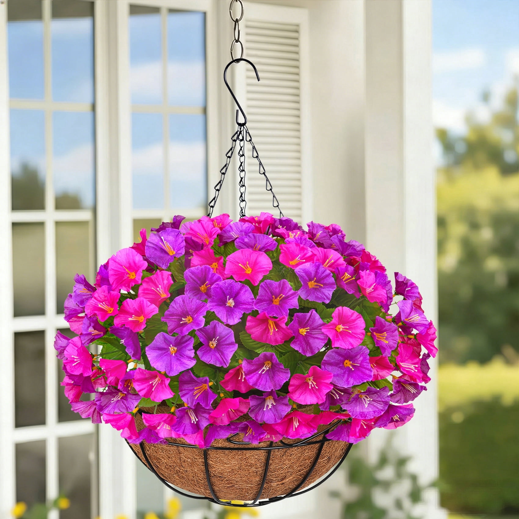 AcerichFad Artificial Hanging Flowers, 4 PCS Fake Silk Flowers Faux Plants with Coconut Basket for Spring Summer Indoor Outdoor Home Decor, Rose Red and Fuchsia
