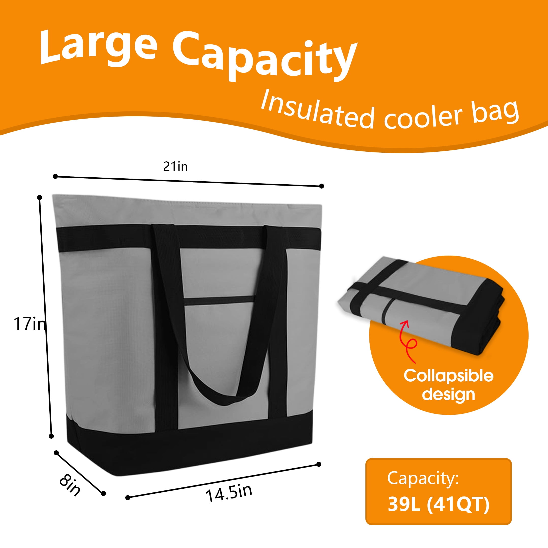 Insulated Cooler Tote Bag, 39L Large Collapsible Thermal Lunch Bag, Reusable Waterproof Grocery Shopping Bag for Picnic Beach BBQ Travel