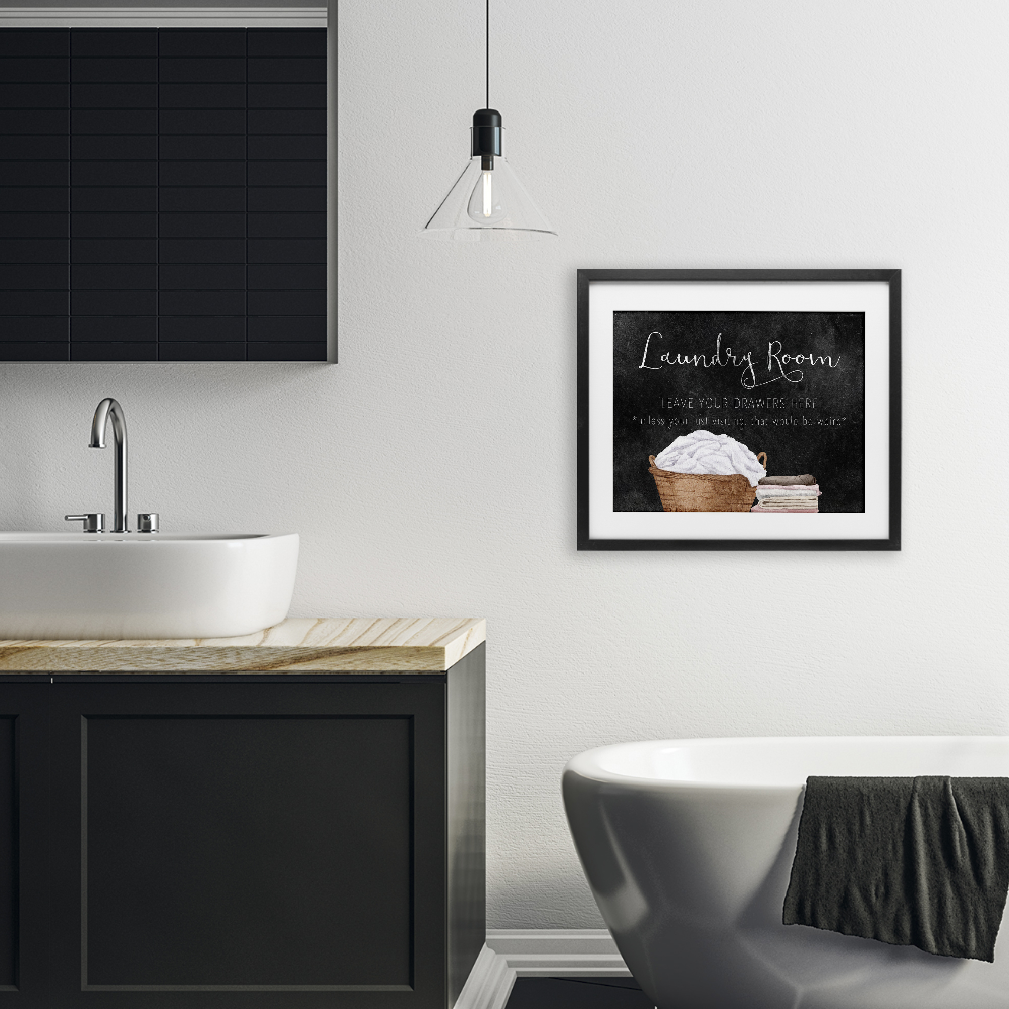 Leave Your Drawers Laundry Black Framed Print Under Glass, design by Kim Allen