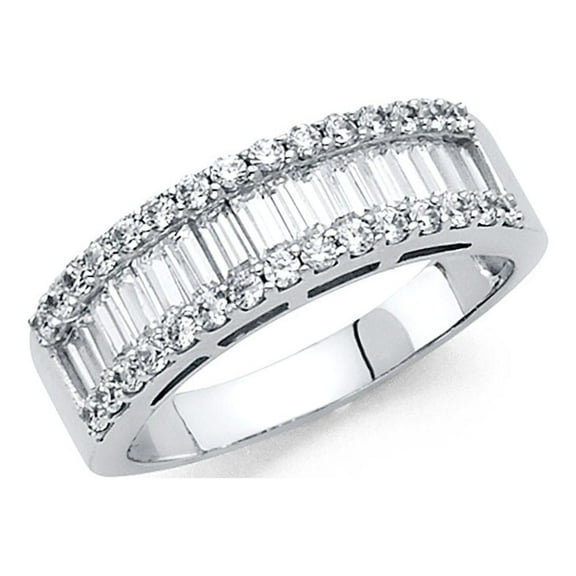 14k White Gold CZ Wide Wedding Band Anniversary Baguette & Round CZ Ring Bridal CZ Band Solid Size 7