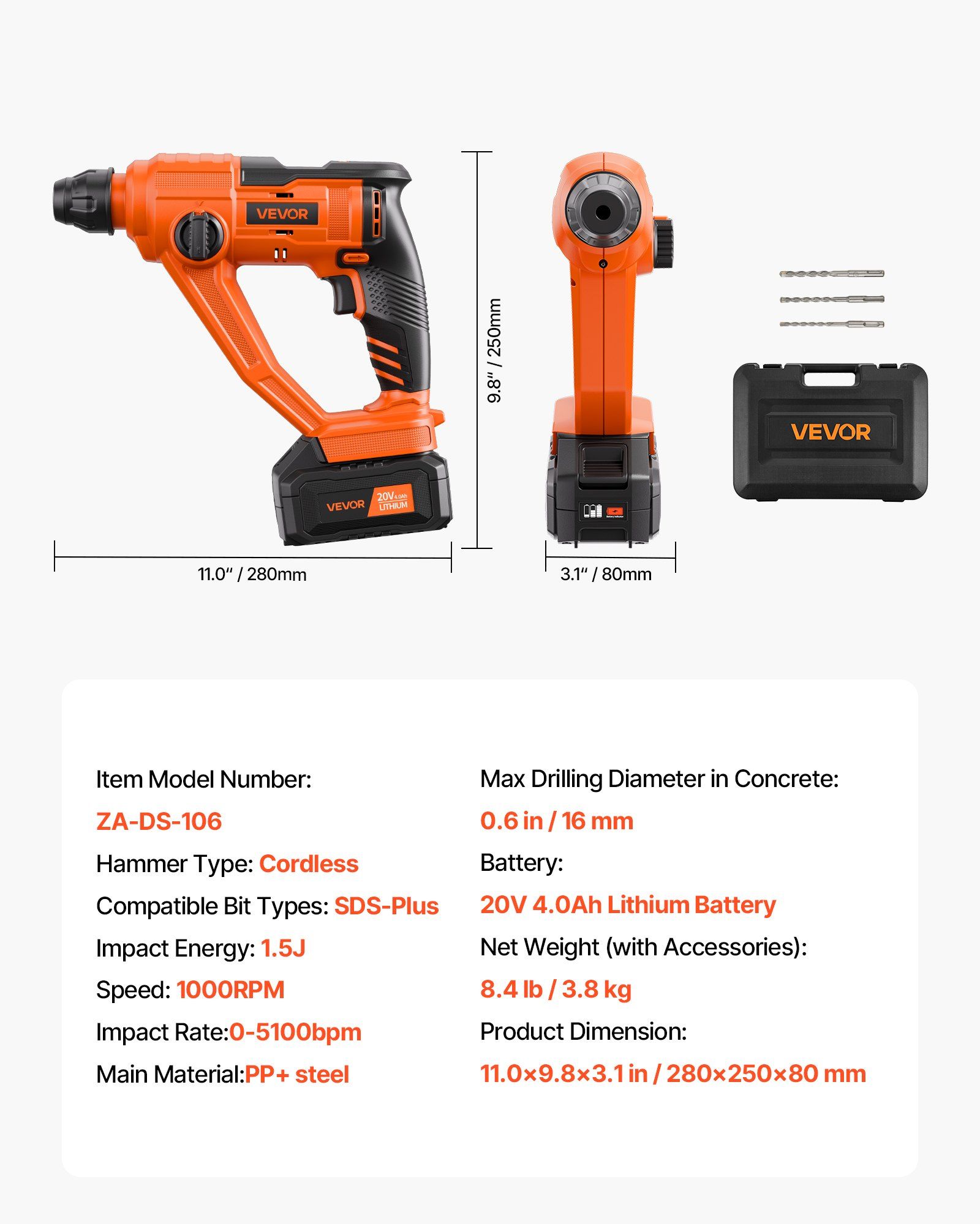 20V Cordless SDS Plus Rotary Hammer Drill Kit with 0.6 Inch Capacity 2 Functions 1000 RPM 5100 BPM Includes Battery and Charger