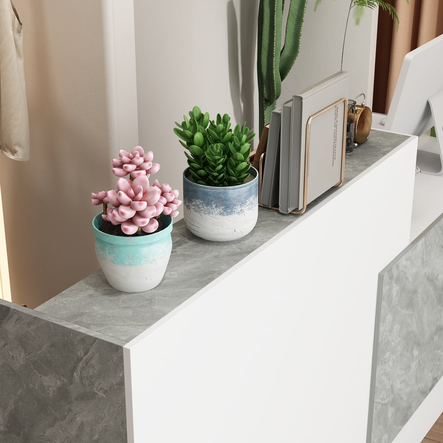 KULAGAGA Reception Desk with Counter, 86.6 inch Wide Front Desk Modern Reception Room Table, Checkout Counter Table, Salon Reception with Stone Pattern Decor