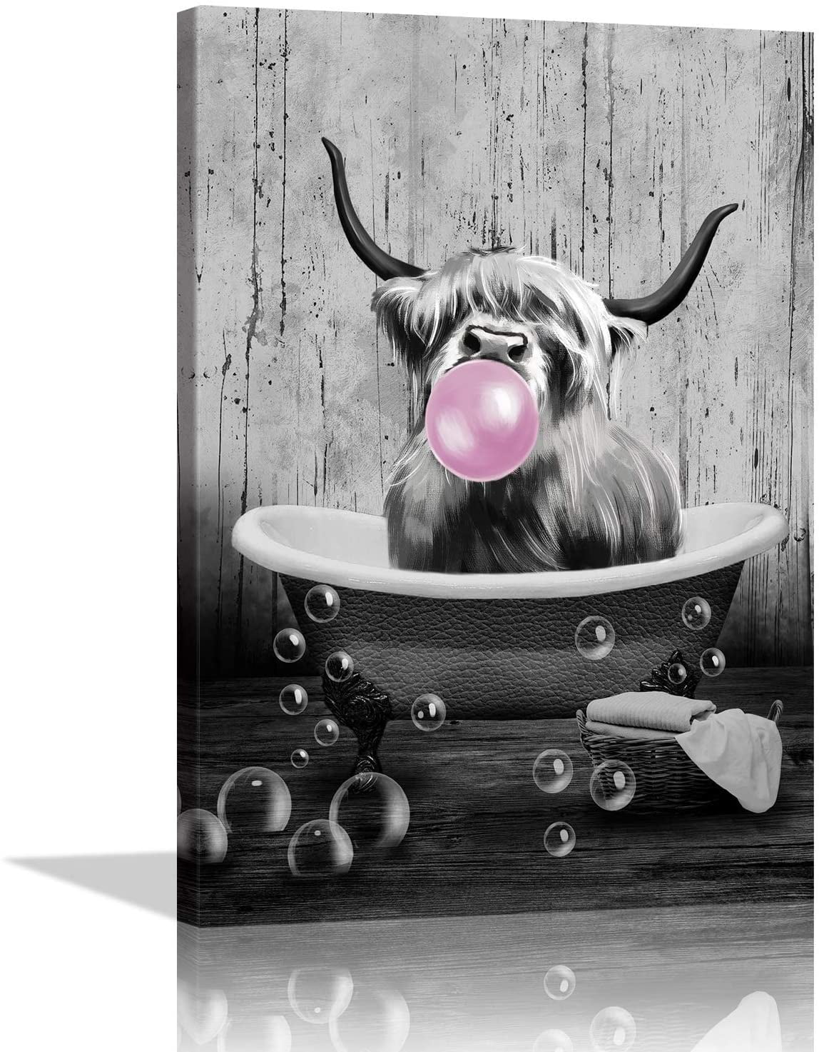 KALAWA Highland Cow Bathroom Pictures Wall Decor Funny Black and White Bathroom  Decor Wall Art Pink Bubble Canvas Wall Art Home Decor for Bathroom Bedroom  Framed Ready to Hang 12x16 Inch -