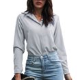 thumbnail image 1 of Blusa de Mujer Cuello en V Manga Larga Color Puro Fibra de poliéster Suave Camisa cómoda de Mujer para el Trabajo Diario Gris L, 1 of 6