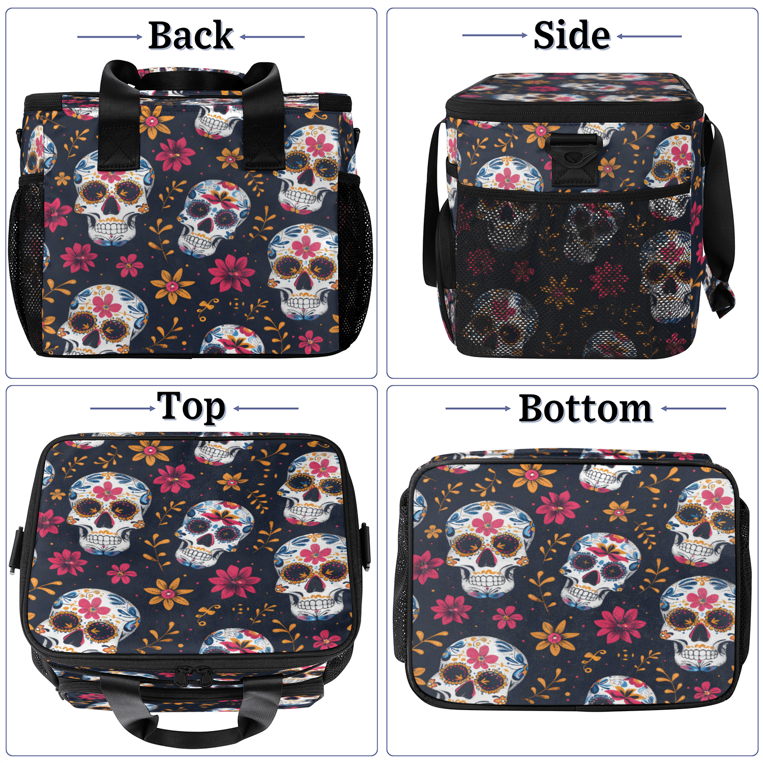 Herdesigns Sugar Skull Flowers Large Lunch Box for Adults Women Men with Adjustable Shoulder Strap, Insulated Reusable Lunch Bag Leakproof Cooler Tote Bag