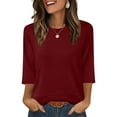 thumbnail image 5 of 3/4 Length Sleeve Tops for Women Crew Neck Solid Shirts Loose Lightweight Tees Business Casual Outfits Fashion Trendy Loungewear Casual Blouses Solid Color Tshirts Red S, 5 of 9