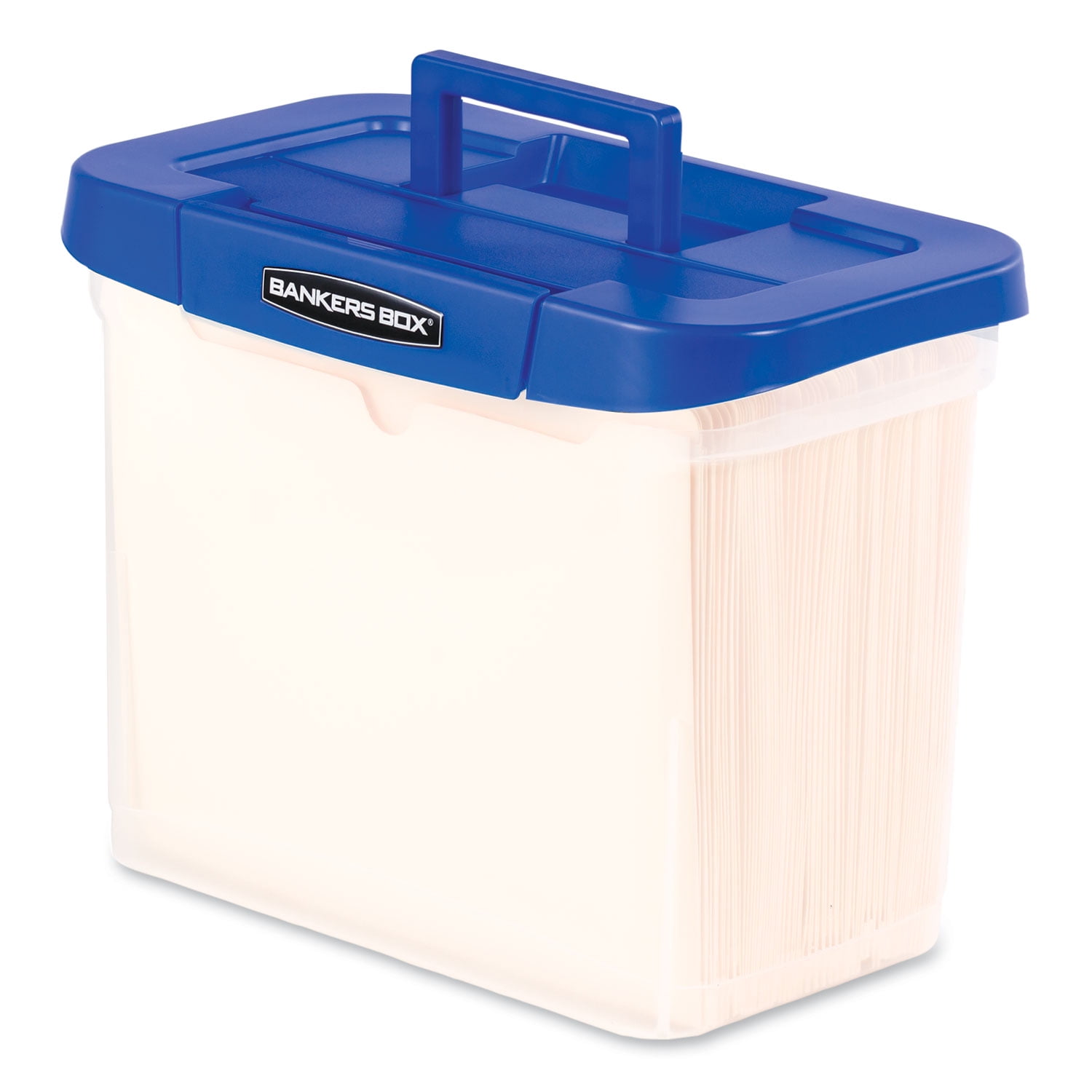 Bankers Box Heavy-Duty Portable File Box, Letter Files, 14.25' x 8.63' x 11.06', Clear and Blue