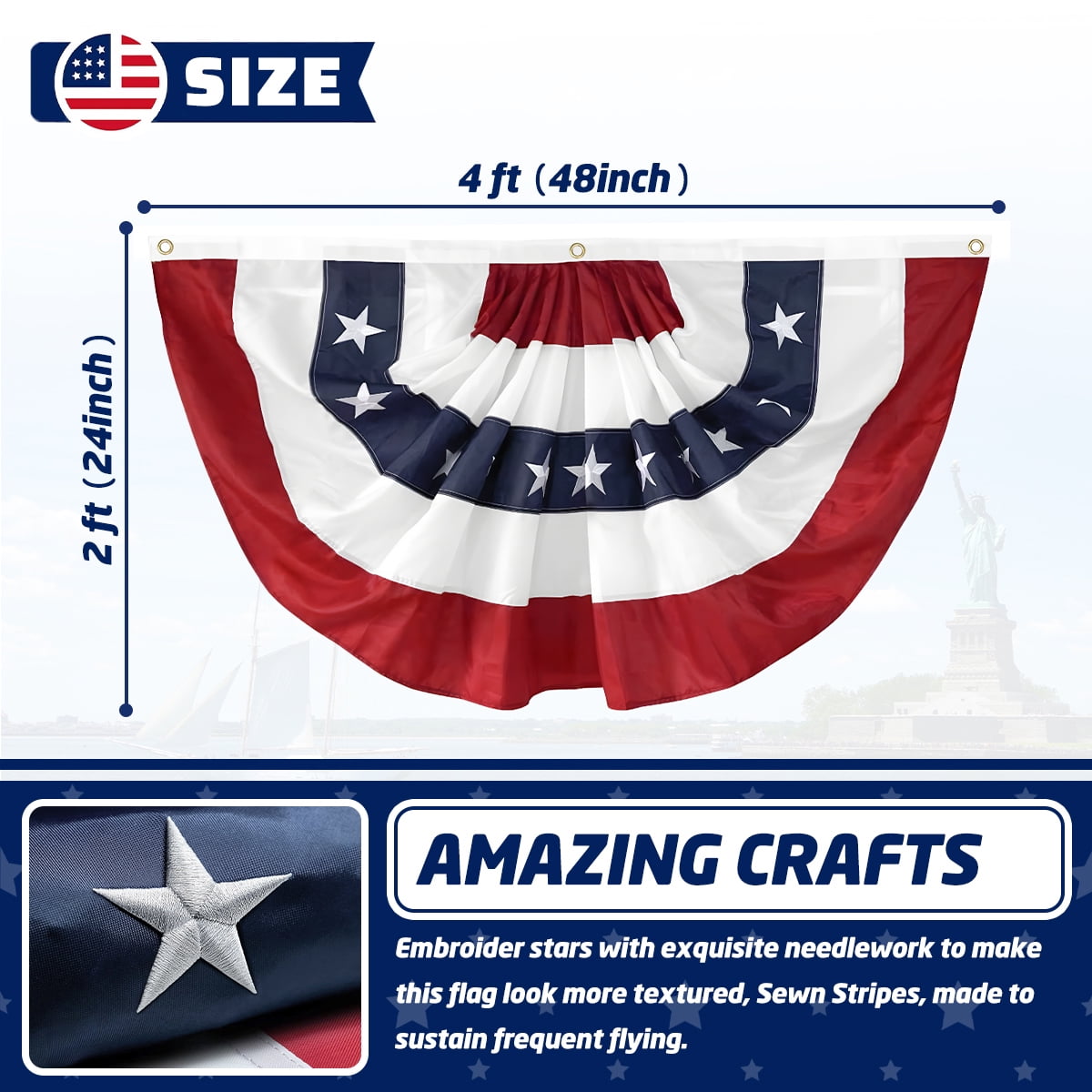 Tivamiko 1pcs 2x4ft Patriotic Pleated Fan Flags with Embroidered Stars- American Bunting for 4th of July Porch & Garden Décor