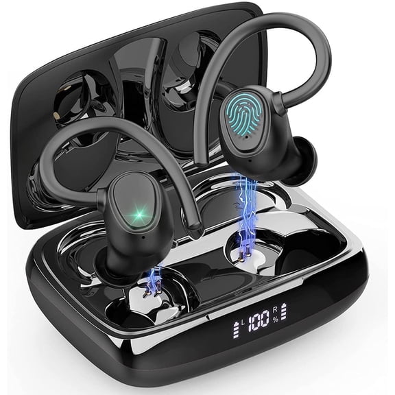 Wireless Earbuds, Bluetooth 5.3 Sports Headphones with Earhooks Stereo Deep Bass Noise Cancelling Earphones 48H Playtime LED Display IPX7 Waterproof Earbud with Mic Headset for Workout Running