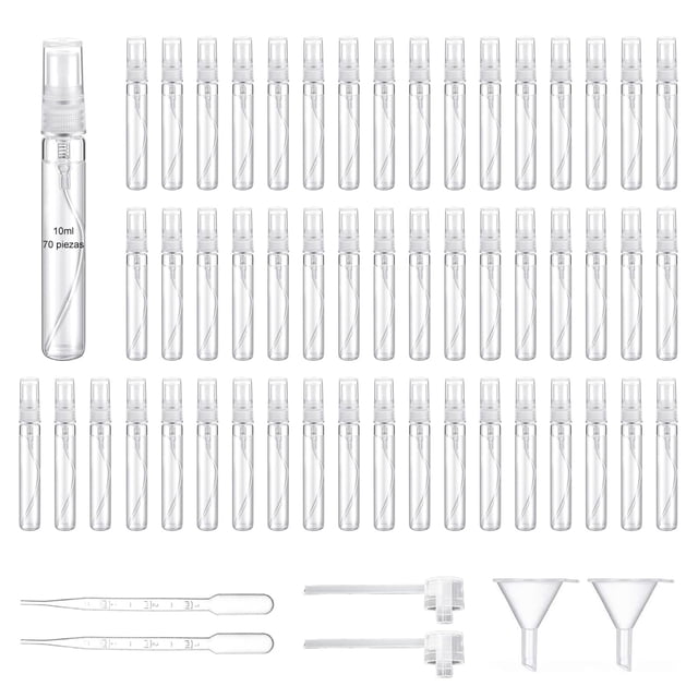 70 Mini Botellas en Aerosol, Rellenables botellas de Perfume de Vidrio Transparente de 10 ml, Botellas de Spray de Fragancia Vacías con 6 Herramientas de Llenado para Limpieza, Perfume