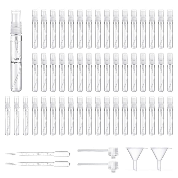 70 Mini Botellas en Aerosol, Rellenables botellas de Perfume de Vidrio Transparente de 10 ml, Botellas de Spray de Fragancia Vacías con 6 Herramientas de Llenado para Limpieza, Perfume