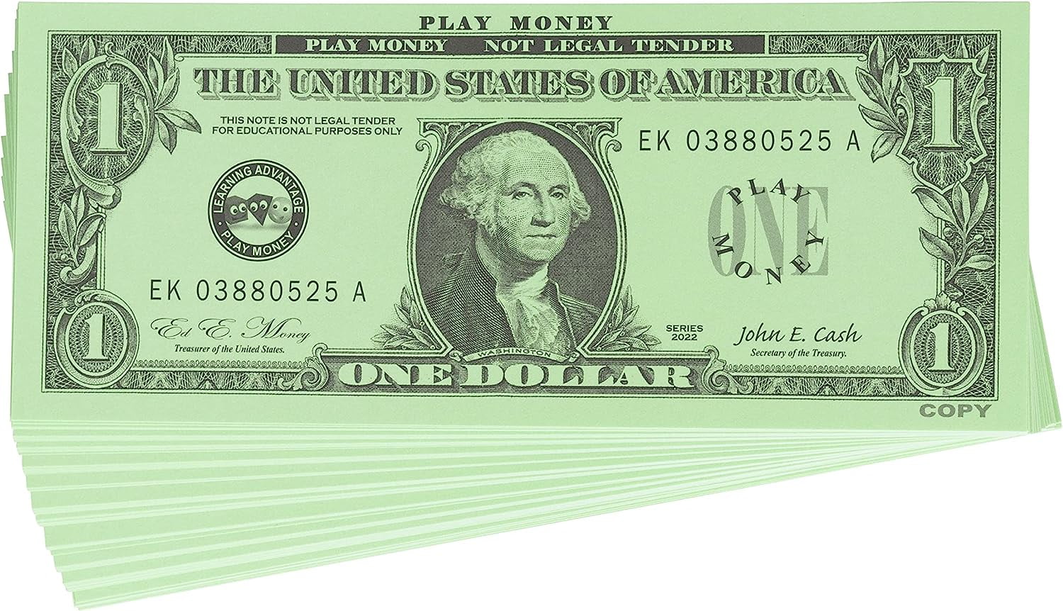LEARNING ADVANTAGE One Dollar Play Bills - 100 $1 Paper Bills - Realistic Dollar Design and Size - Teach Currency, Counting and Math with Fake Cash