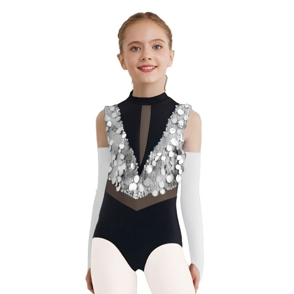 vastwit Girls Big Sequins Gymnastics Leotard with Arm Sleeves Ballroom Modern Tap Dance Outfit for Stage Performance Silver 8