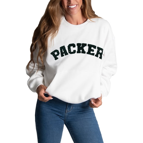 Women's Cuce White Green Bay Packers Chenille Jeweled Sweatshirt