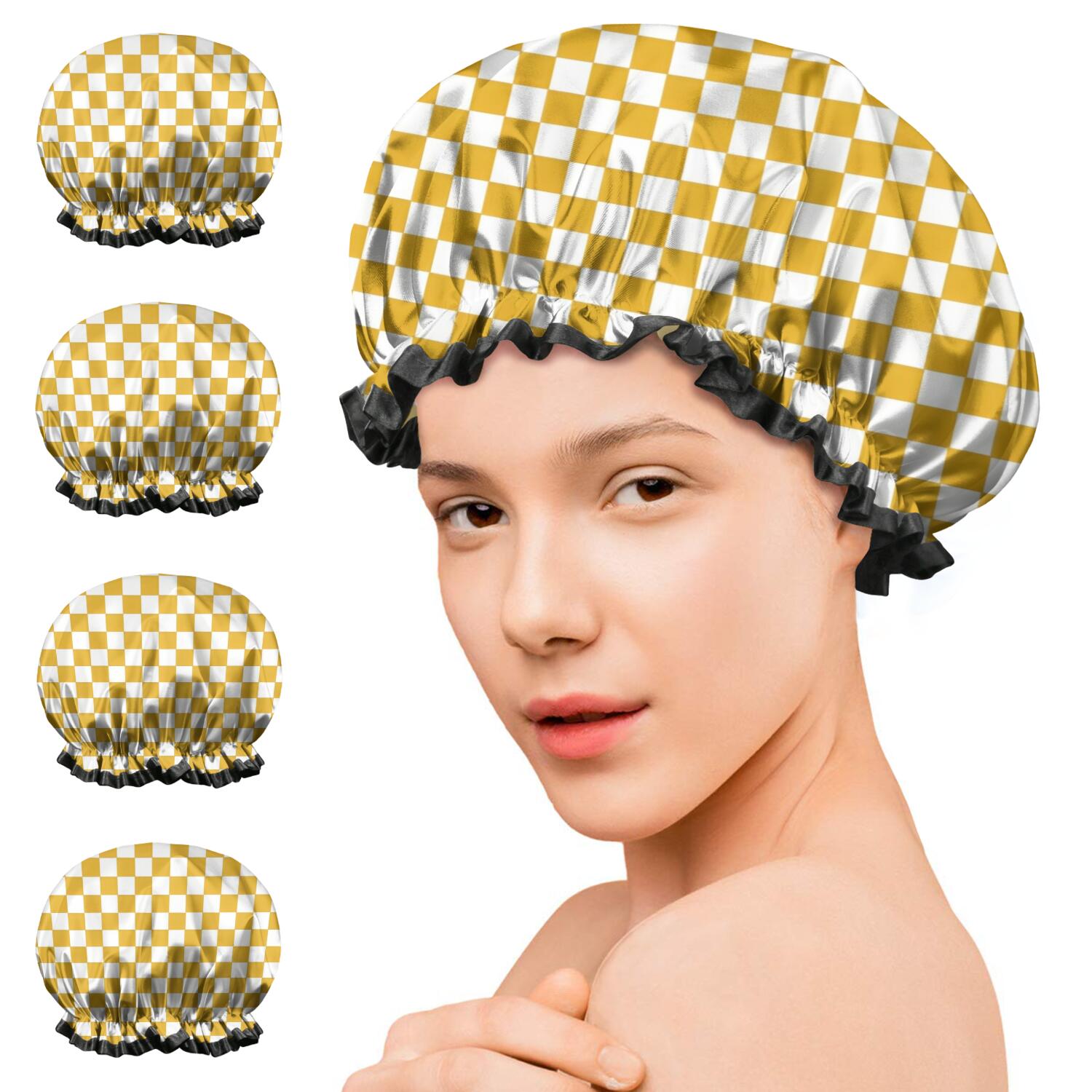 Shower Caps,Yellow and White Checkerboard Pattern Waterproof Shower Cap for Women 4 Pieces,Double Reusable Hair Cover for Shower PEVA Elastic Stretch Hem