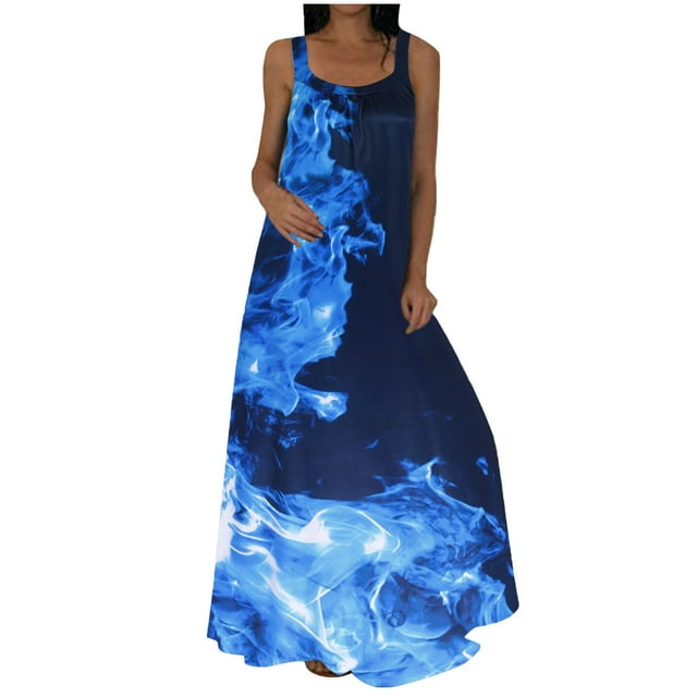 Robe d'Été Décontractée Femme Mode d'Été Décontractée Col Rond Imprimé Régulier Ceintures Robe Longueur au Sol Robe d'Été Décontractée