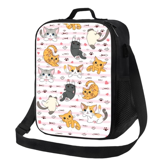 Cute Cat Lunch Bag Insulated Thermal Box with Shoulder Strap & Handle for Work and Picnic