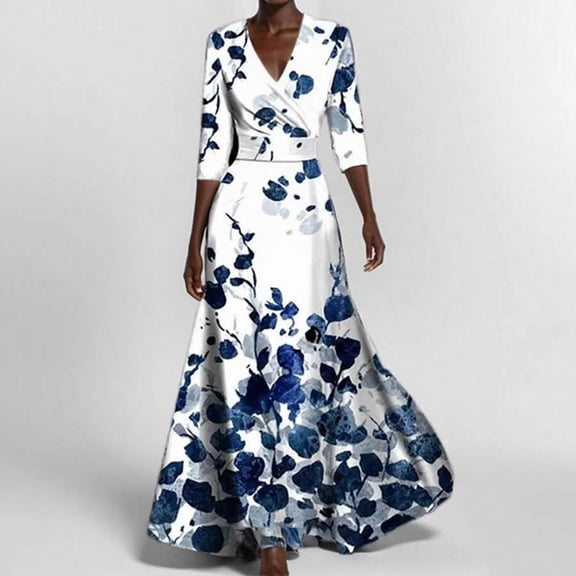 Blue Floral Satin Wrap Maxi Dress V-Neck 3/4 Sleeve A-Line Flowy Evening Gown