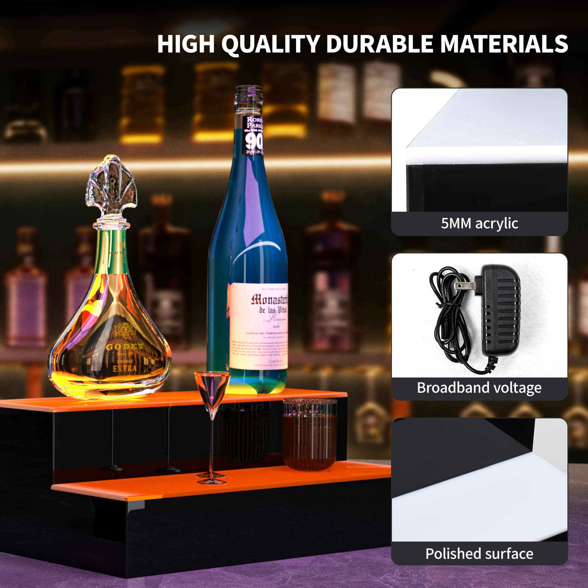 Dextrus LED Lighted Liquor Bottle Display Shelves 2-Step 16-inch Supports USB & Power Bank, Acrylic Mounted Whiskey Rack Stand with Remote & App Control