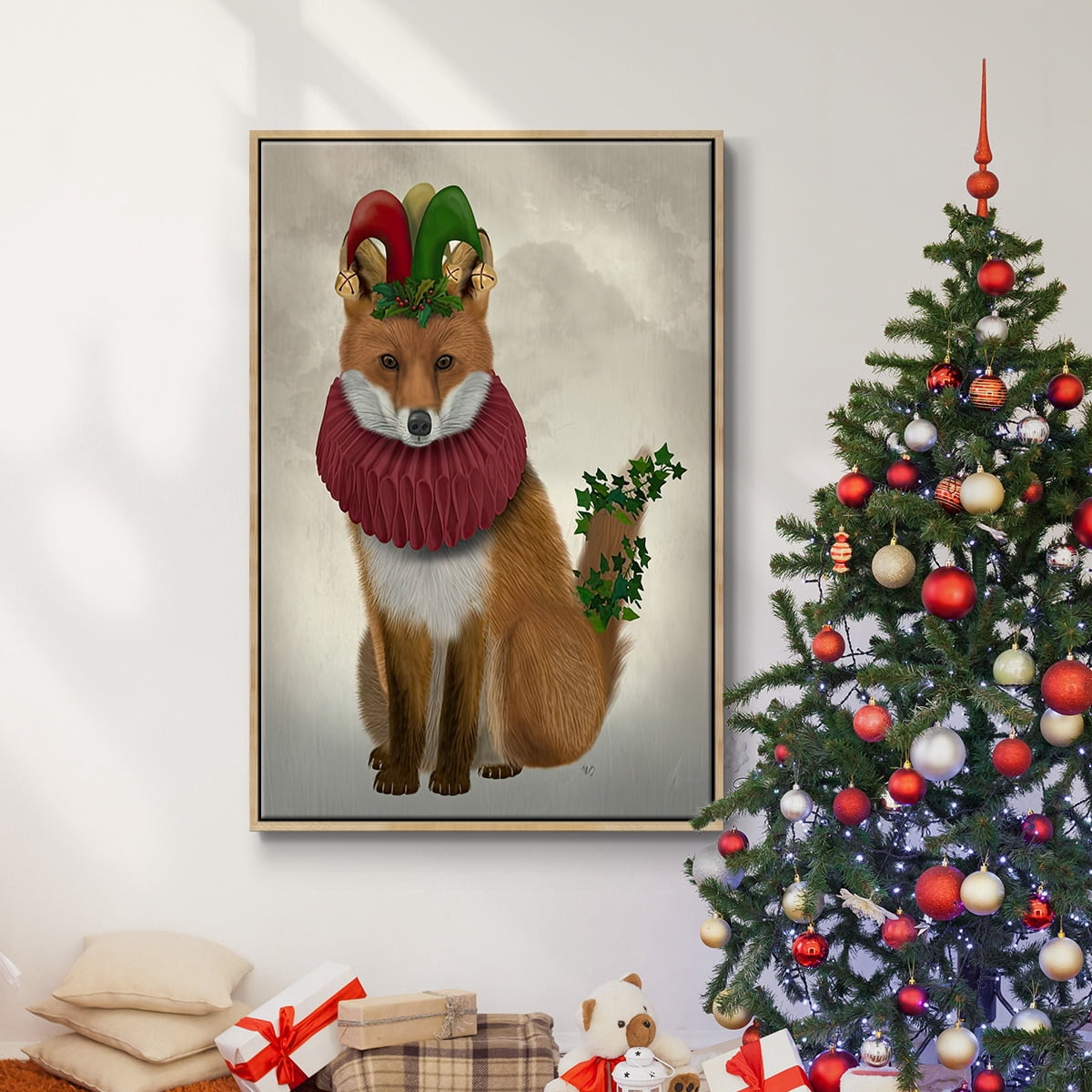 Christmas Holly and Ivy Fox - Framed Gallery Wrapped Holiday Canvas - 27 x 41 - Natural Wood Frame