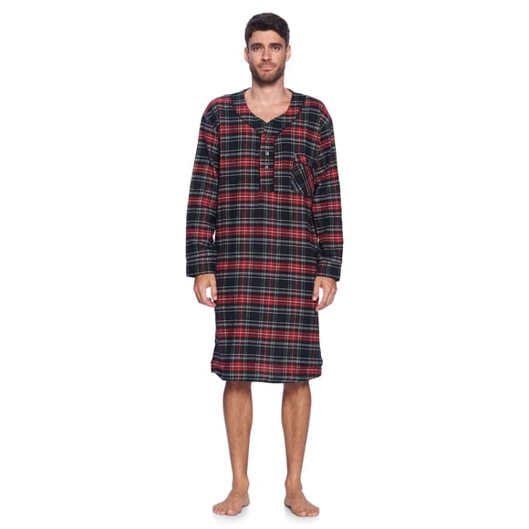 Ashford & Brooks Mens Flannel Plaid Long Sleep Shirt Henley Nightshirt, Black Stewart, Medium