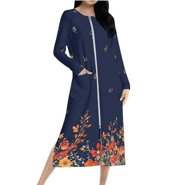 Ovingeta Robe de Pyjama pour Femmes Vêtements de Détente Amples Robe de Nuit à Fermeture Éclair Raglan Vêtements de Nuit Automne Hiver Vêtements de Maison Manches Longues PJs