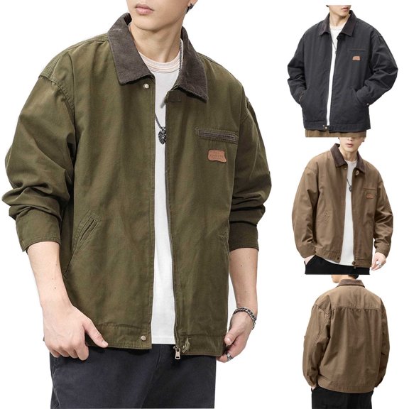 Men's Bomber Jacket Workwear Cotton Canvas Lightweight Casual Vintage Trucker Jacket with Zipper Pocket Big and Tall Size S-4XL Khaki