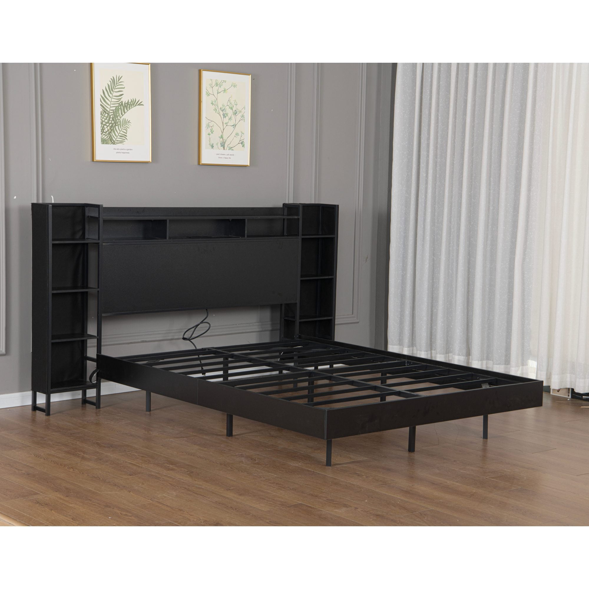 Leumius King Size Floating Bed Frame with Storage Headboard and LED Lights,Heavy Duty Metal Platform Bed with USB Charging Station,No Box Spring Needed,Black