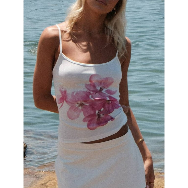 トップス S flower taped camisole Floral Print Tank Top for Women Y2K Sleeveless Slim Fit Spaghetti