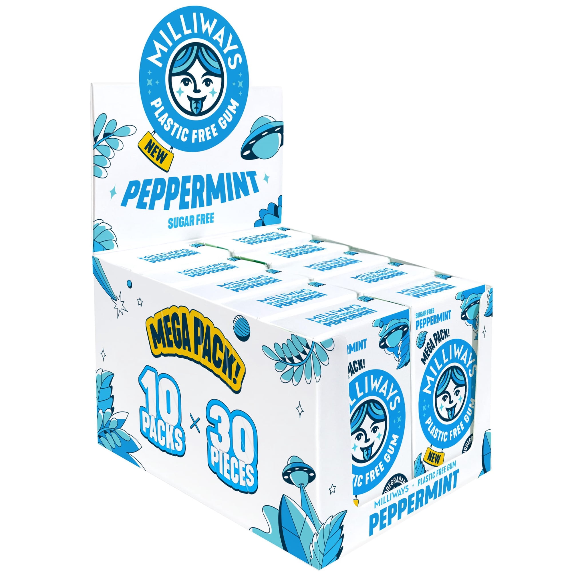 Milliways Peppermint Chewing Gum Plastic Free Sugar Free Aspartame Free Natural | 10 Packs of 30 Pieces (300 Pieces Total) | MEGA PACK | Xylitol Plant-Based Biodegradable
