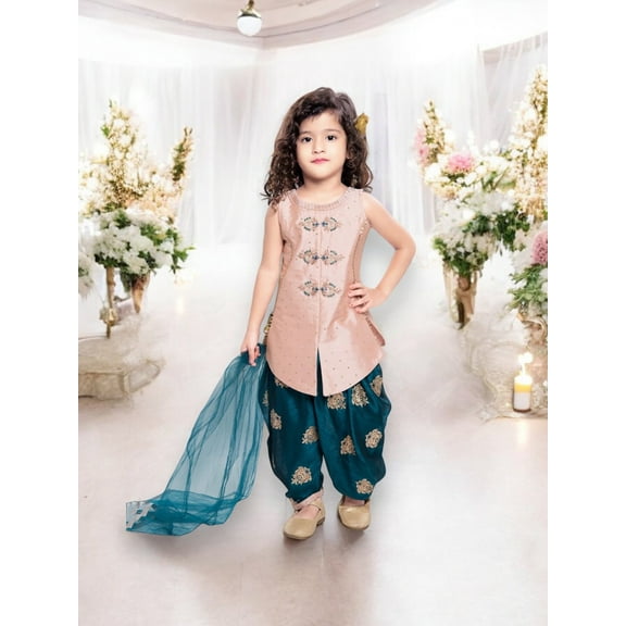 Radiant Rose Gold: Girls' Traditional Panjabi Style Patiyala Suit, Cultural Wear for Kids