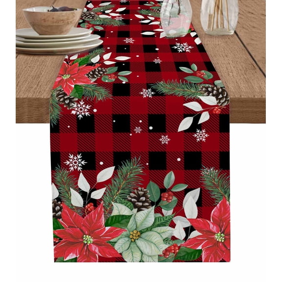 Christmas Eucalyptus Table Runner 48 Inches, Xmas Pine Poinsettia Botanical Red Plaid Bed Runner Dresser Scarves Tabletop for Indoor Outdoor Parties/Ceremony/Banquet, 13" x 48"