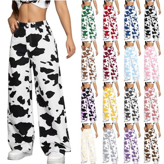 felwors Women's Cow Print Jeans High Waisted Straight Leg Denim Pants with Pockets, Western Cowgirl Outfit for Casual & Party Wear (Green, XXXXXL)