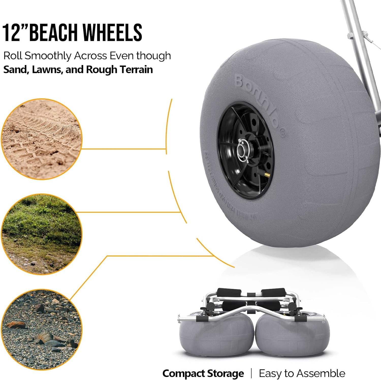 Bonnlo Kayak Beach Cart with Balloon Wheels Canoe Dolly Foldable Paddle Board Boat Cart CarrierTrolley Transport with 12" Big Balloon Wheels, Free Pump, 2 Ratchet Straps- Perfect for Soft Sand