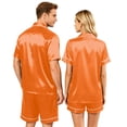 thumbnail image 4 of (Womens） Glossy Silk Satin Matching Sets For Couples Short Sleeve Button Front Top Soft Elastic Shorts Daily Loungewear Saffron S, 4 of 7
