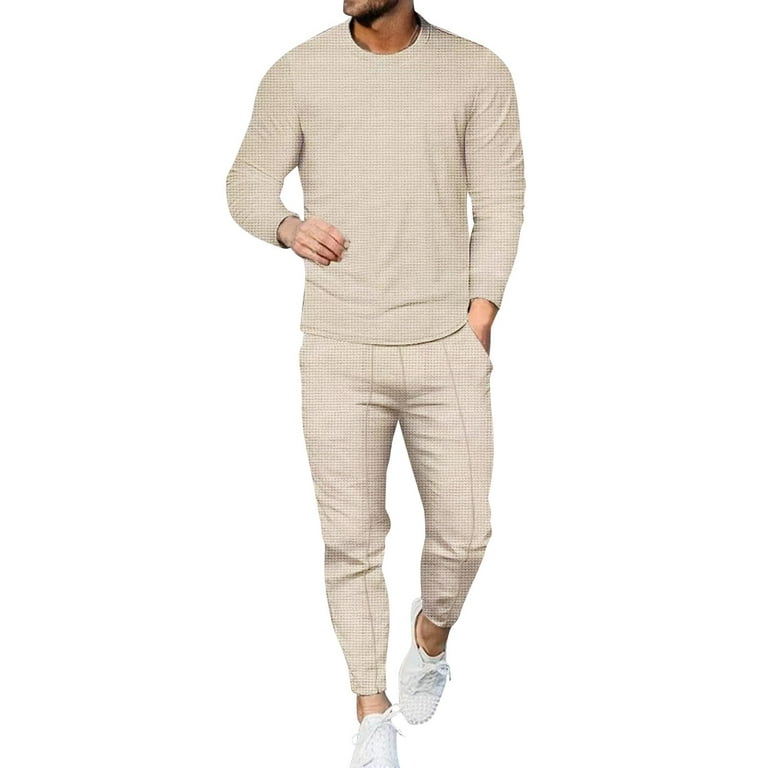 Khaki Mens Suit Male Autumn Winter Casual Plaid Two Piece Crew Neck T Shirt  Long Sleeve Pocket Pants Set