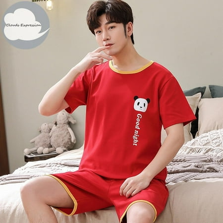 

QWZNDZGR Summer Knitted Cotton Short Sleeved Men s Pajamas Sets Male Pajama Set Letter Pajama For Men Sleepwear Suit Homewear Size xXXXL