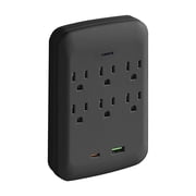 Black Plastic Multi Hole Wall Mounted Charging Socket with 6 AC Outlets 1 USB 1 C Port for Home Travel 100V 250V for Phone Laptop Tablet Surge Protection