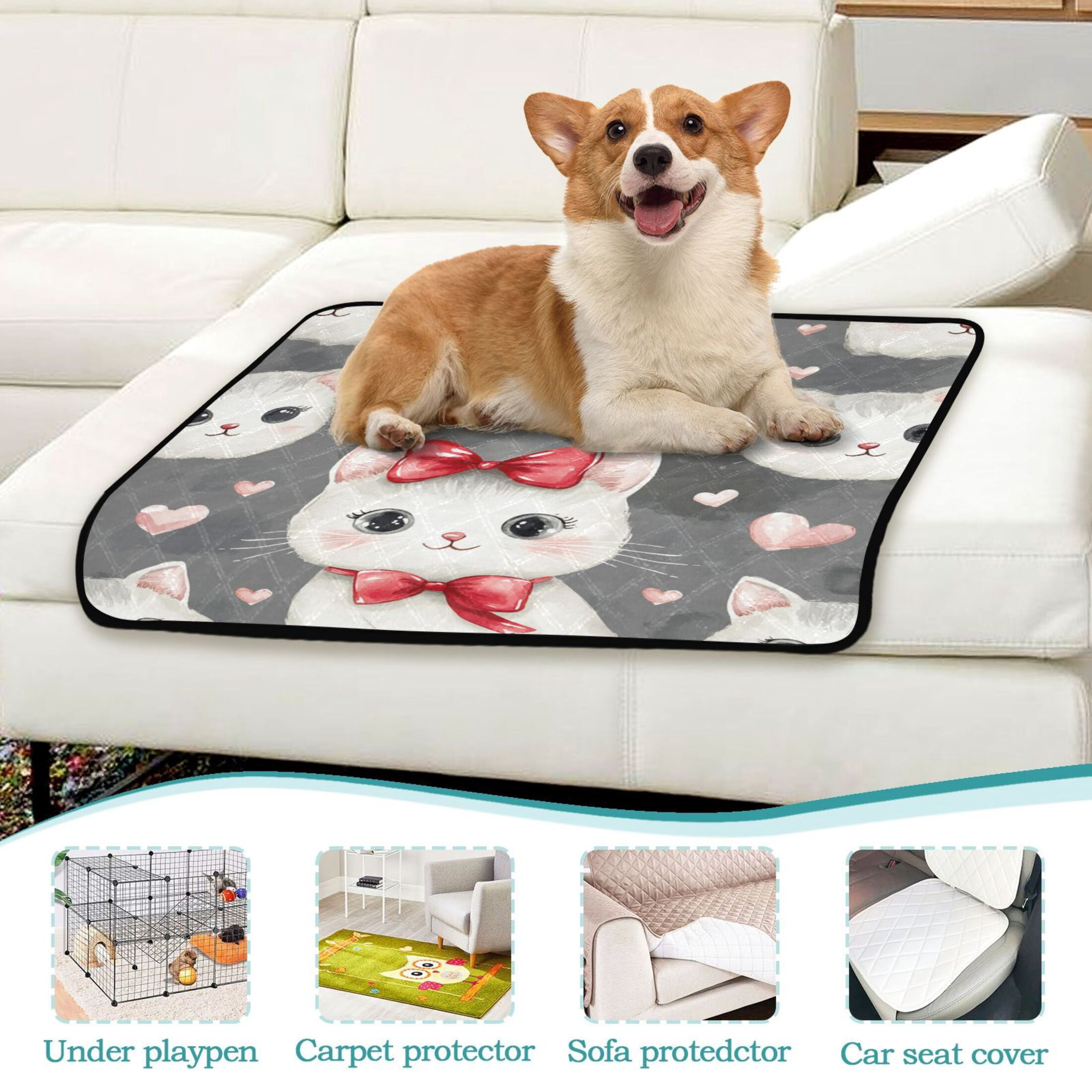 Qxltty Adorable White Cats Pattern Cat litter Pads Pet Set of 3 Diaper Mats Center Anti-leakage Layer Absorbent Soft and Comfortable
