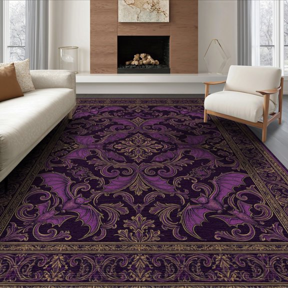 ODIKA 8'x10' Washable Area Rug Non-Shedding, Easy Care, Gothic Damask Motif Vintage Filigree Scroll Ornamental Horror Bat Refined for King Size Bedroom Under Bed, Master Suite