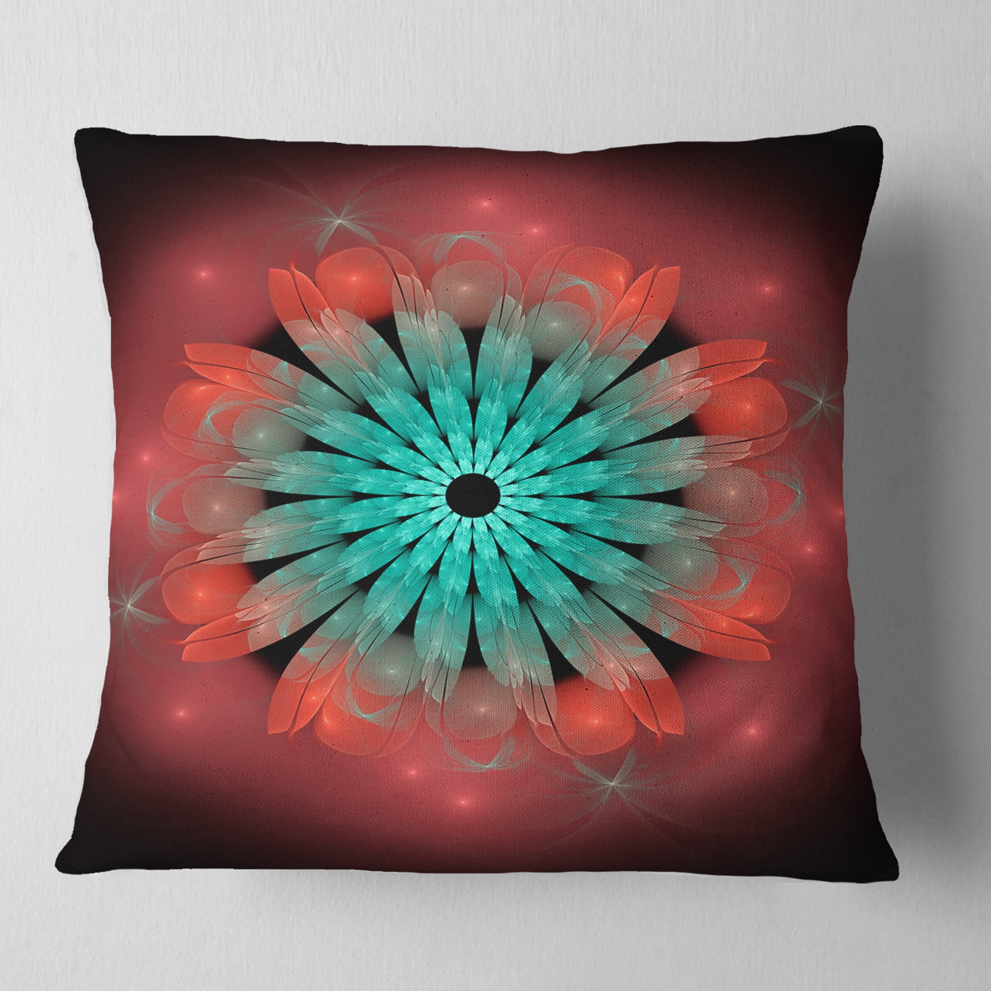 Designart Fractal Blooming Blue Red Flower - Floral Throw Pillow - 16x16