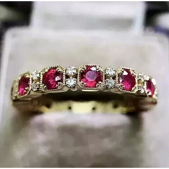 2Ct Round Cut Lab-Created Red Ruby Women's Wedding Band Ring 14K White Gold Plated