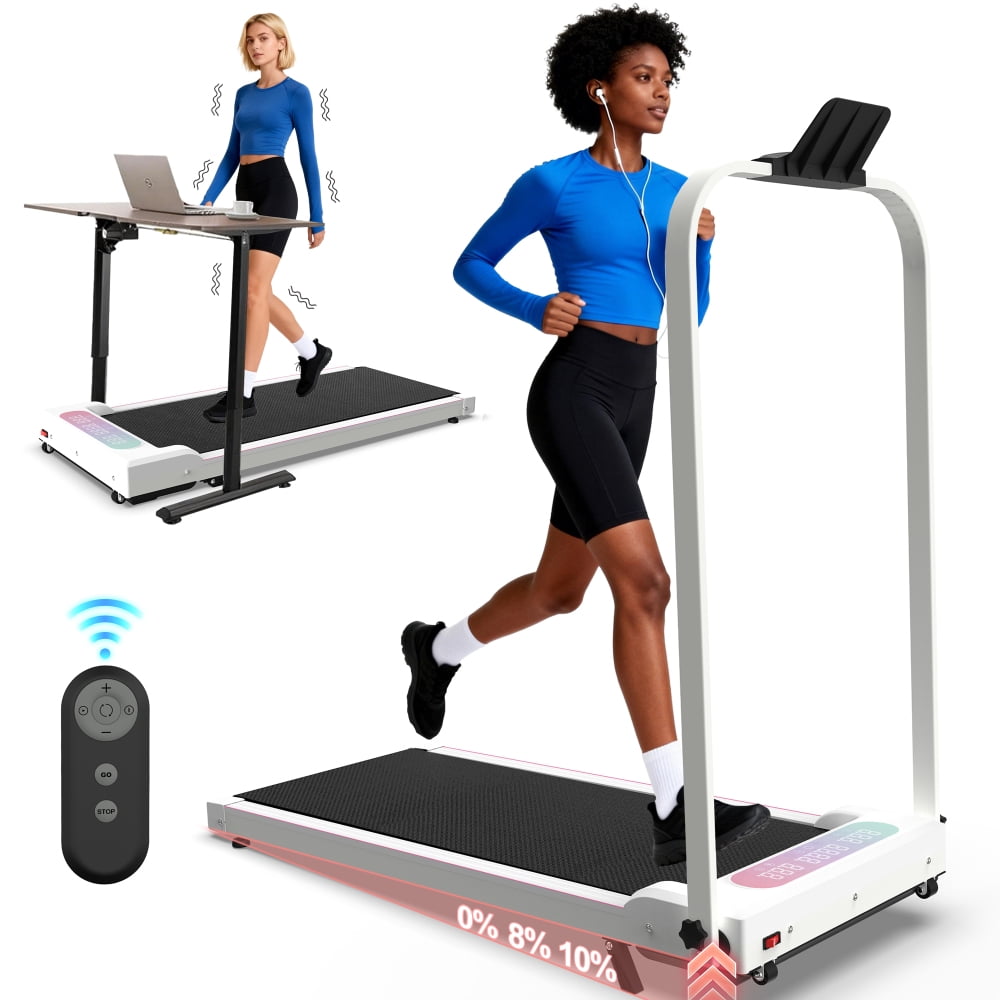 White 2‑in‑1 Foldable Treadmill with Handle Bar & Incline Portable Under‑Desk Walking Pad & Vibration Pad with Remote Control for Home & Office Small Spaces