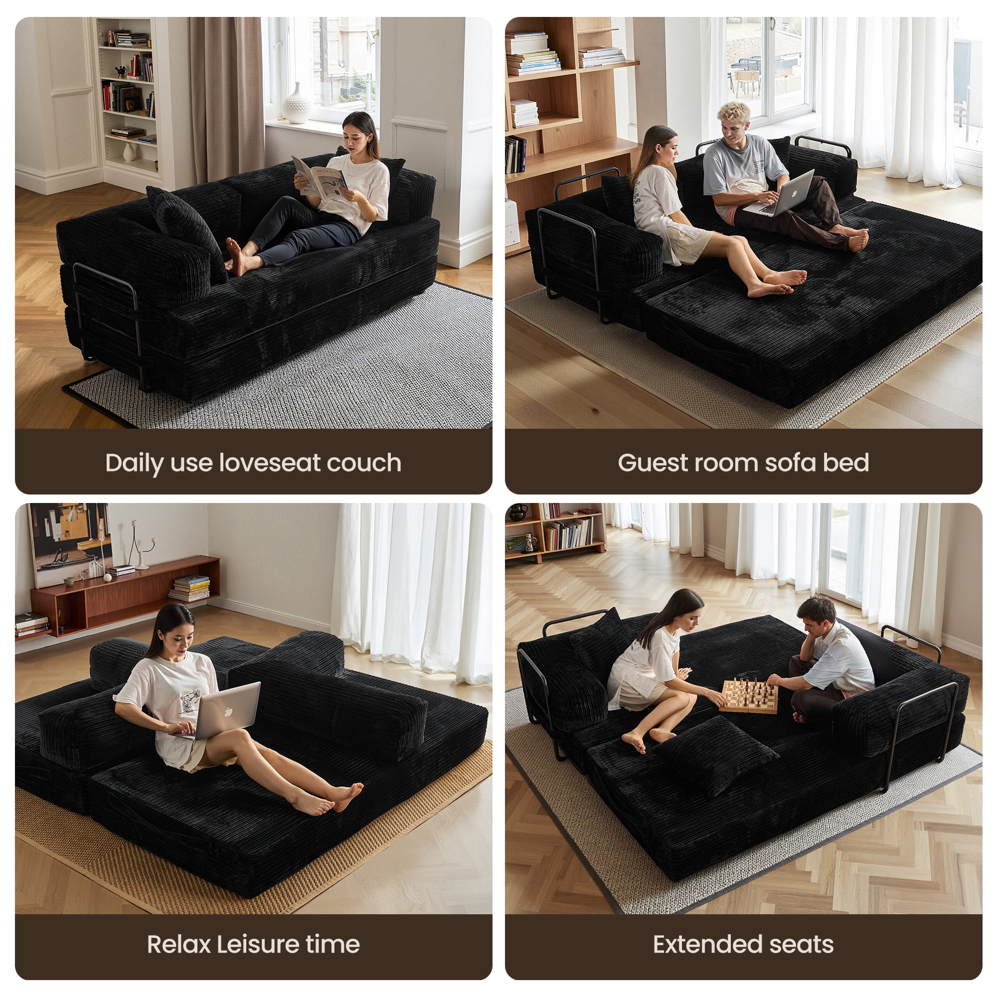 Toject 81" Convertible Sleeper Sofa Bed, Cloud Corduroy Floor Couch with Pillow, Comfy Foldable Couch Sofa Bed for Living Room, Bedroom, Black