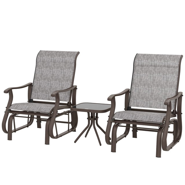 3-Piece Outdoor Gliding Rocking Chair and Bistro Tea Table Set, Grey Powder-Coated Steel Frame with Breathable Mesh and Tempered Glass, for Patio, Garden, and Porch